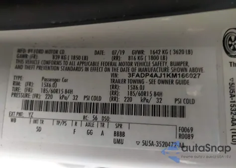 2019 Ford Fiesta S из США, поврежденный, VIN 3FADP4AJ1KM166027